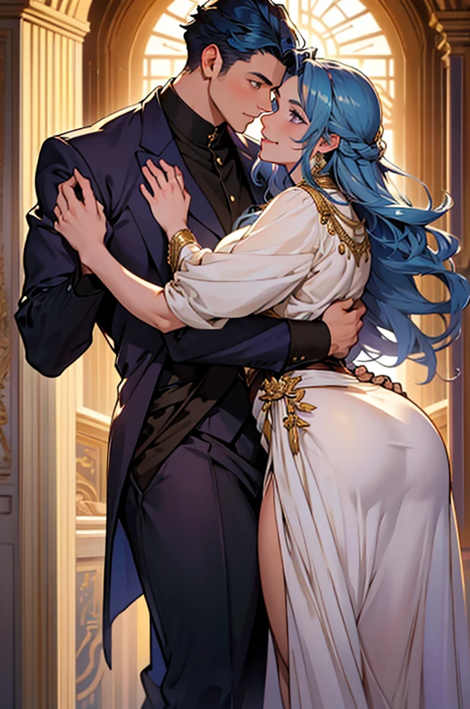 Book Cover: A young man of imposing stature graces the cover, his golden eyes captivating and his navy-blue hair reflecting passion and mystery. His presence is magnetic, adorned in elegant attire, and a captivating smile adds a special touch. By his side, a young woman of transcendental beauty with long, wavy golden-brown hair and deep violet eyes radiating natural luminosity. Her warm smile and graceful movements give her a presence that is simultaneously delicate and captivating. The image captures the elegance and intensity of an engaging romance. He had his arm around her waist, ensuring that his beloved wouldn't slip away.