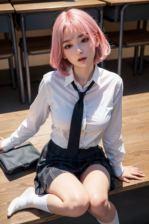 (8K, top-quality, masterpiece:1,2), (reallistic, Photorealsitic:1.37), Super Detail, One girl,), (Highly detailed), (beautifully detailed eyes), (of the highest quality), (super detailed ), (masterpiece), (Detailed face),20yr old, ,1 girl, full body, pink hair,Very short hair, medium breasts, clothed, Perfect Lighting,breast focus, looking at viewer, aroused face, naughty face, ((Detailed face, Blushing:1.2、Look up and open your mouth a little、closing eye)), Dynamic Angle, ((School uniform,  White shirt, Black skirt, Unbuttoned shirt、plaid skirts、I'm not wearing shoes、White Sox)), Classrooms without people、Sit on a desk、Lower&#39;I took my foot off the desk................................、early evening、、、Very embarrassing panic smile、(Cute floral bra)、Angle from below