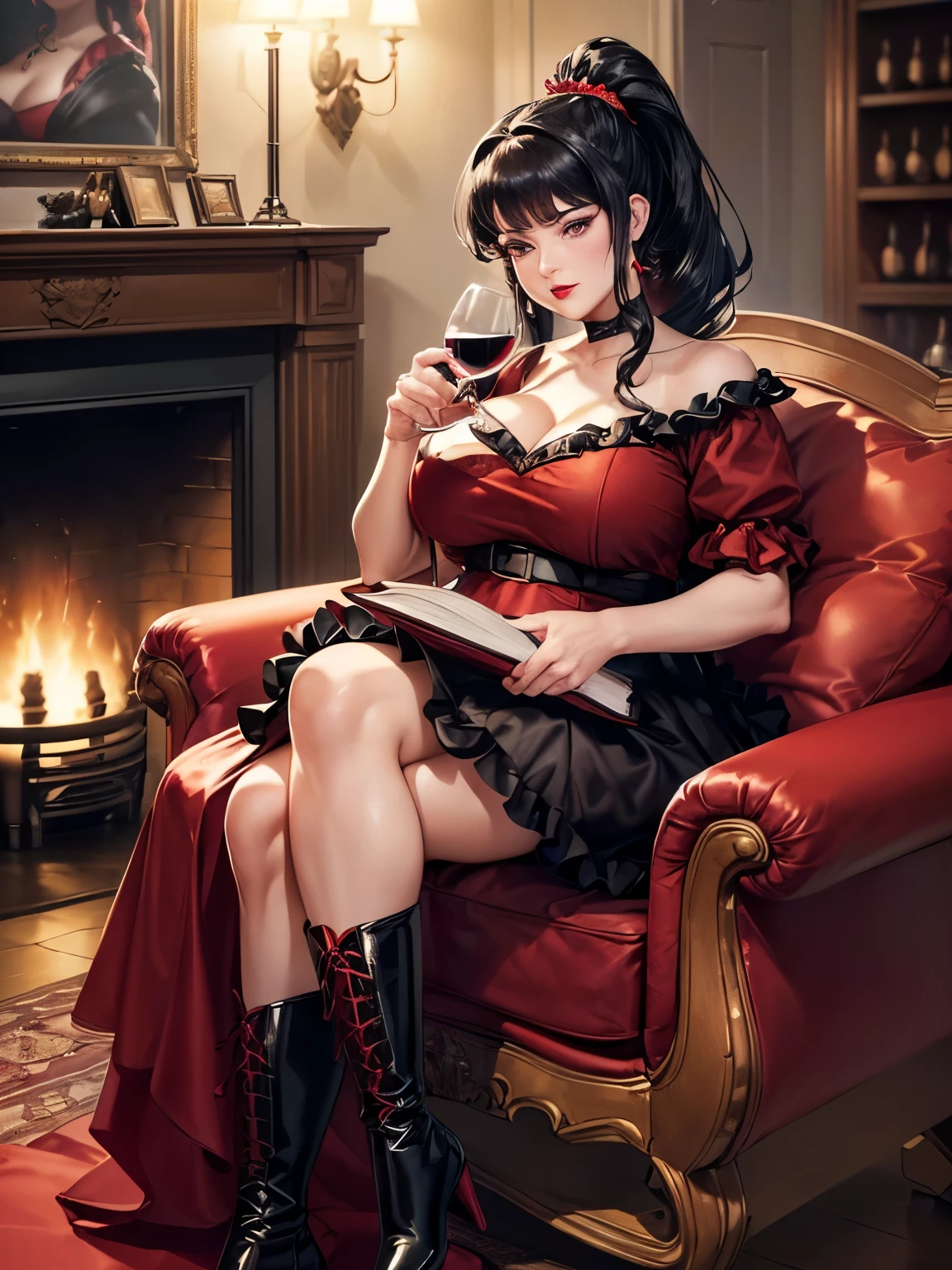 (High-quality image: 4k, 8K, best resolution, masterpiece: 1.1), A plus-size woman ((black hair tied up with a high ponytail, model plus size, shiny castanet eyes, red lips)) is wearing ((a black and red princess gown with a high-waisted petticoat, a tall heeled boot with a pointed toe, holding a book in one hand and a glass of wine in the other)). The setting is ((a cozy and dimly lit room with plush red armchairs and a crackling fireplace in the background)). The woman is seated ((on a plush red armchair with a peaceful expression on her face, legs