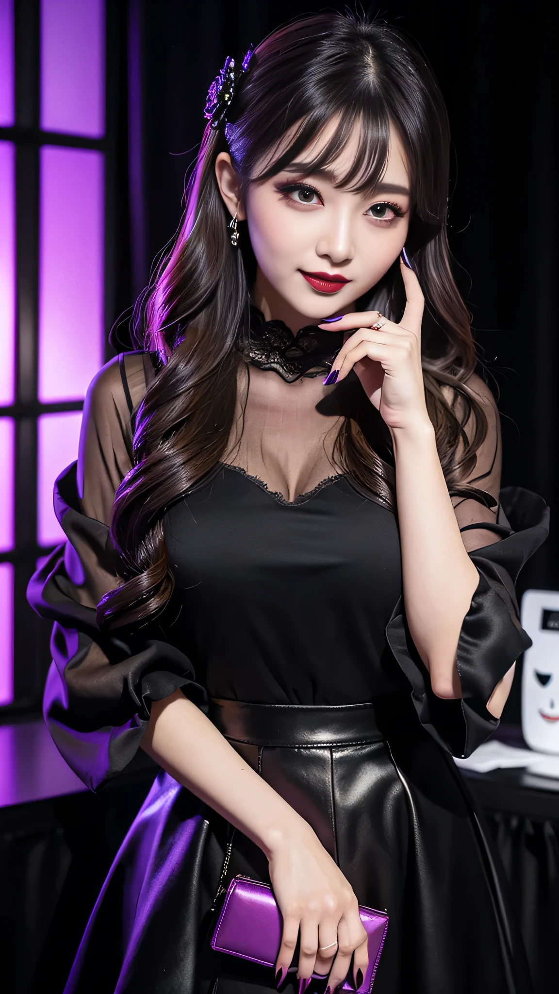 best quality、ultra-detailed、8k、Japanese、Japanese、Seductive beauty、seductive adult woman、Pretty Woman、cool girl、Villainess、brainwash makeup、Brainwashed、brainwash、Fallen into evil、smirk、Evil look、Wicked Smile、evil、Brown hair、wavy hair、swept bangs、dark makeup、dark makeup、piercing eyes、hollow eyes,half-closed eyes、Hollow Eyes、purple Eyeshadow、black lipstick、black lipglos、Lace fabric、black party dress、Wide sleeves、flare skirt、night、inside darkroom、Are standing、Look、Offer、shoot from below、Make up、Having lipstick、Swear allegiance、I have pledged my allegiance、Seduce、Evil female executive、Female Combatant