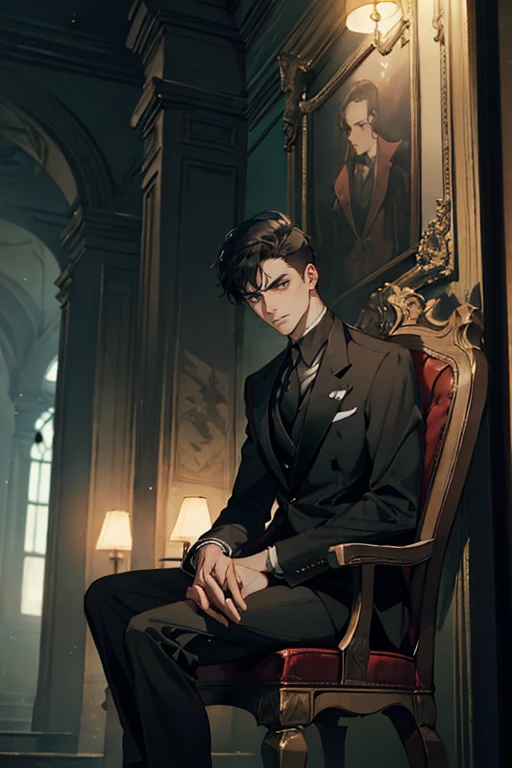 ((One young man with a black suit and tie)), gotham, alejandro, (((side swept dark short hair))), (dark green eyes and thick eyebrows), smirk, ((20 years old)), ((masterpiece)), posture dynamic, ((cinematic lighting)), (height tall around 5 foot 6), sitting on the chair