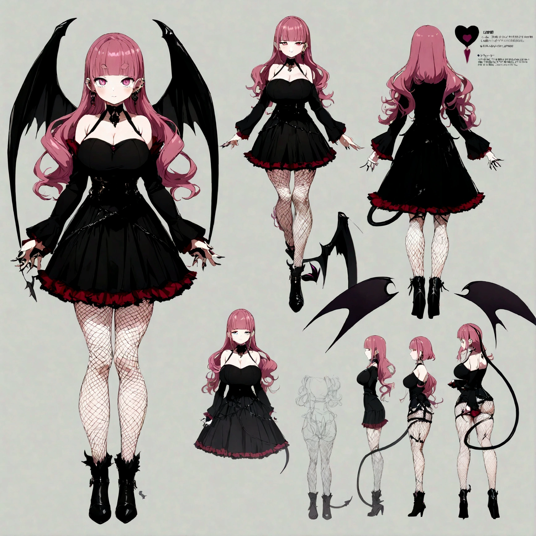 Anime style,masterpiece, high quality, 最high quality, (Concept Art, Official Art,whole body)(three ~ sided view:1.3), ((Character design sheet, same characters, front, ~ side, return)), Virtual YouTuber, girl, Dark pink hair, Voluminous wavy twin tails, Blunt bangs, Straight bangs, Magenta slanted eyes, tooth, Thick eyebrows, Black nails, ((Huge breasts)), Black Dress, Exposing shoulders, ((Lots of earrings)), Black long fingerless gloves, Gosgarh, (Fishnet tights, Gothic print:1.25) girl in a black and white outfit, girl wearing a Gosgarh outfit, Big Boots, High heels, girl wearing a black leather garterbelt and (Multiple Leather Straps, Multiple iron chains mounted on a ring:1.125), ((Devil Wings and Devil Tail)), simple returnground, Very exquisite work of art, (Beautifully detailed eyes and face), Depict facial features with subtlety