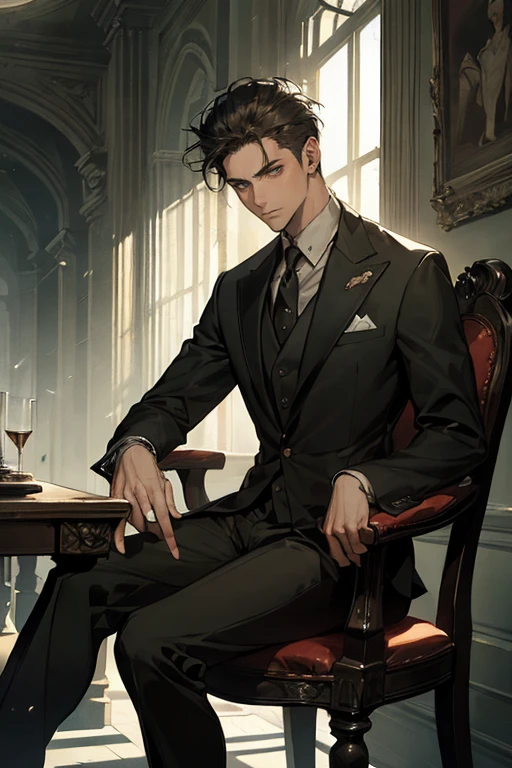 ((One young man with a black suit and tie)), gotham, alejandro, (((side swept dark short hair))), (dark green eyes and thick eyebrows), smirk, ((20 years old)), ((masterpiece)), posture dynamic, ((cinematic lighting)), (height tall around 5 foot 6), sitting on the chair