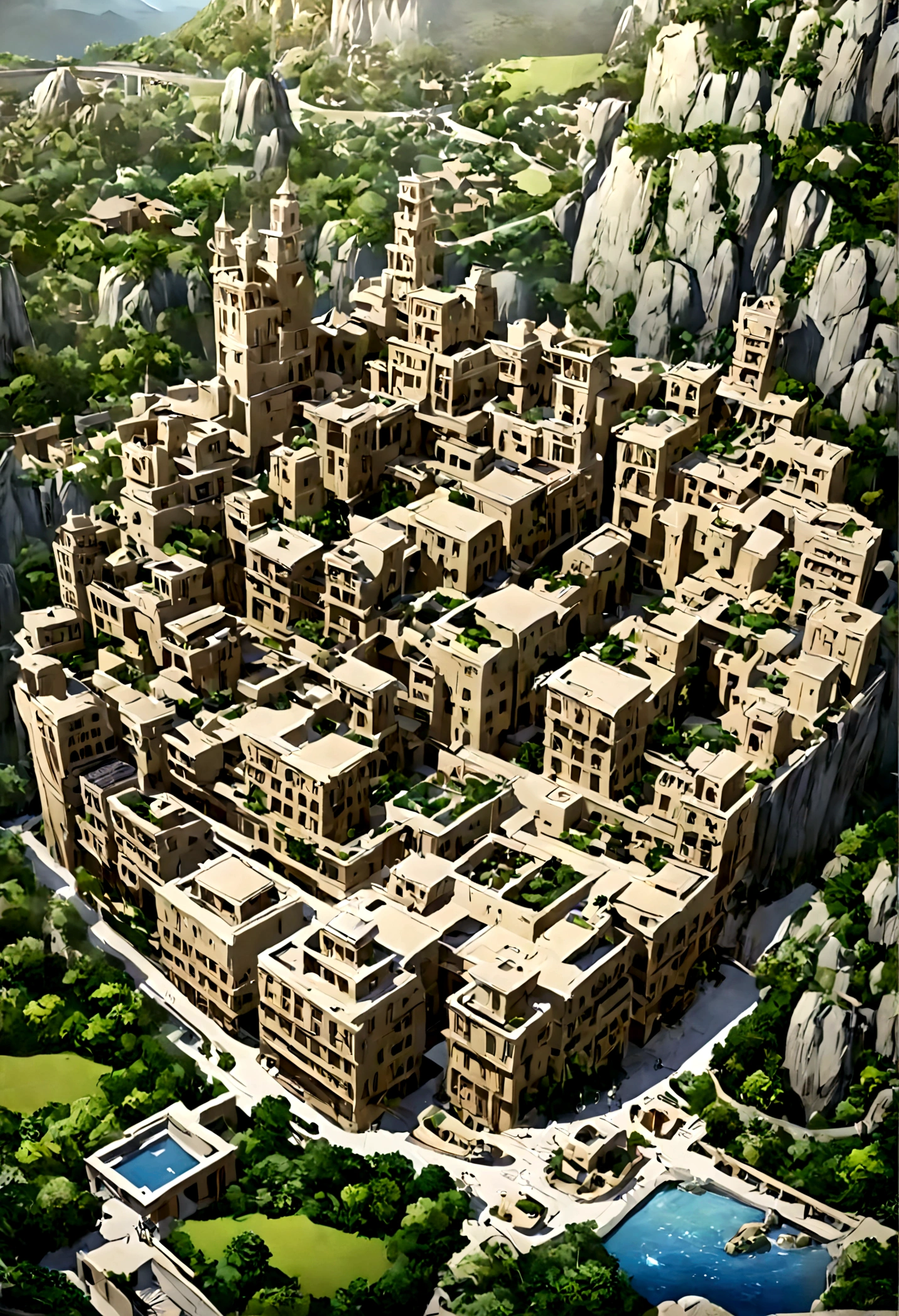 A highly detailed anime-style still art, Ghibli studio style, masterpiece, official art, professional, ((ultra-detailed)), 8k, ((Not show people)), fantastical city carved within a large, rugged mountain. The mountain should appear rough and imposing, with intricate pathways and structures carved into its rocky surface. The city inside should have a unique, surreal design that could not exist in reality. Include elements such as twisting towers, floating platforms, and unusual bridges. The architecture should be imaginative and otherworldly, with buildings featuring intricate details and ornate designs. Surround the city with lush greenery and small waterfalls. Illuminate the scene with a soft, otherworldly light to enhance the sense of wonder and mystery. Add distant, ethereal structures in the background to create depth and a dreamlike atmosphere.