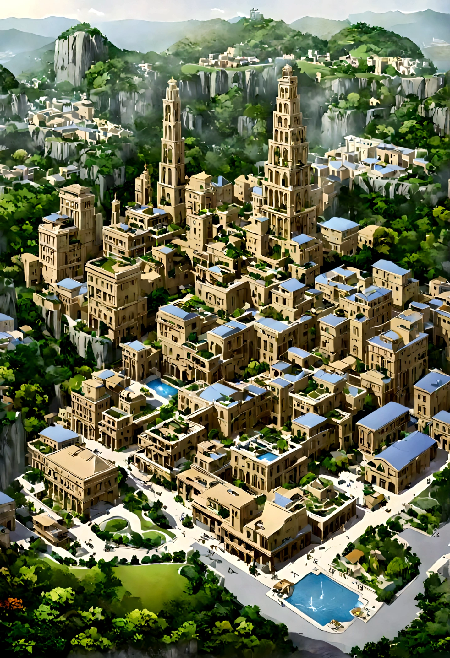 A highly detailed anime-style still art, Ghibli studio style, masterpiece, official art, professional, ((ultra-detailed)), 8k, ((Not show people)), fantastical city carved within a large, rugged mountain. The mountain should appear rough and imposing, with intricate pathways and structures carved into its rocky surface. The city inside should have a unique, surreal design that could not exist in reality. Include elements such as twisting towers, floating platforms, and unusual bridges. The architecture should be imaginative and otherworldly, with buildings featuring intricate details and ornate designs. Surround the city with lush greenery and small waterfalls. Illuminate the scene with a soft, otherworldly light to enhance the sense of wonder and mystery. Add distant, ethereal structures in the background to create depth and a dreamlike atmosphere.