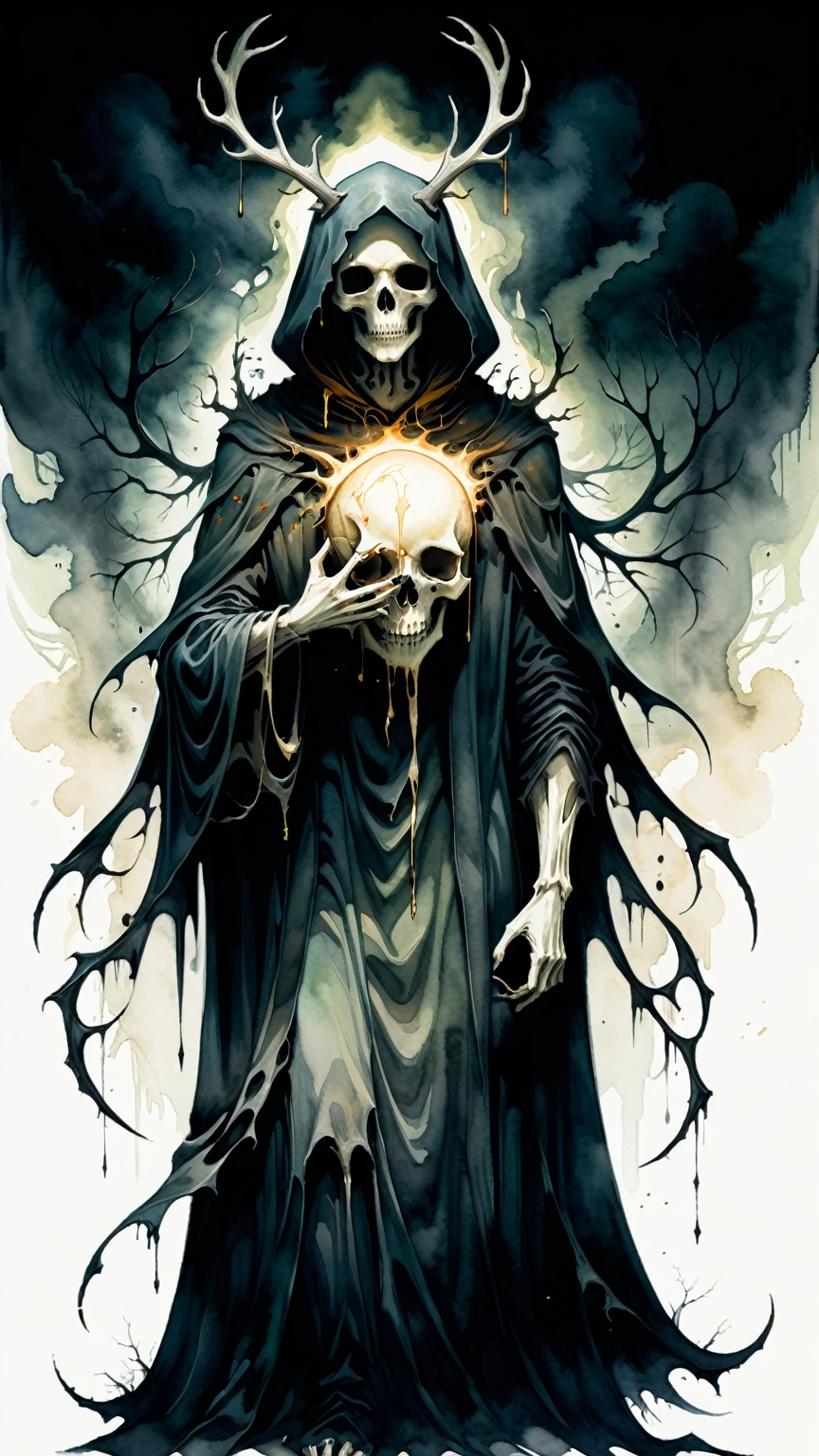 A haunting and eerie watercolor illustration featuring a shadowy, dark figure with elongated limbs and a cloak-like garment adorned with antlers. The figure's face is shrouded in darkness, with only the outline of a hat visible, adding to its enigmatic and unsettling presence. Holding a dangling skull in one hand and a sack filled with bones in the other, this ghastly creature embodies the essence of dark folklore and gothic horror.

The illustration, reminiscent of the works of Damien Hirst and Quentin Blake, is rendered in stark black and white with bold lines and deep shadows, amplifying the sense of dread and mystery. The delicate and neutral color palette, inspired by artists like Alberto Vargas and Zdzislaw Beksinski, adds a soft touch to the otherwise chilling