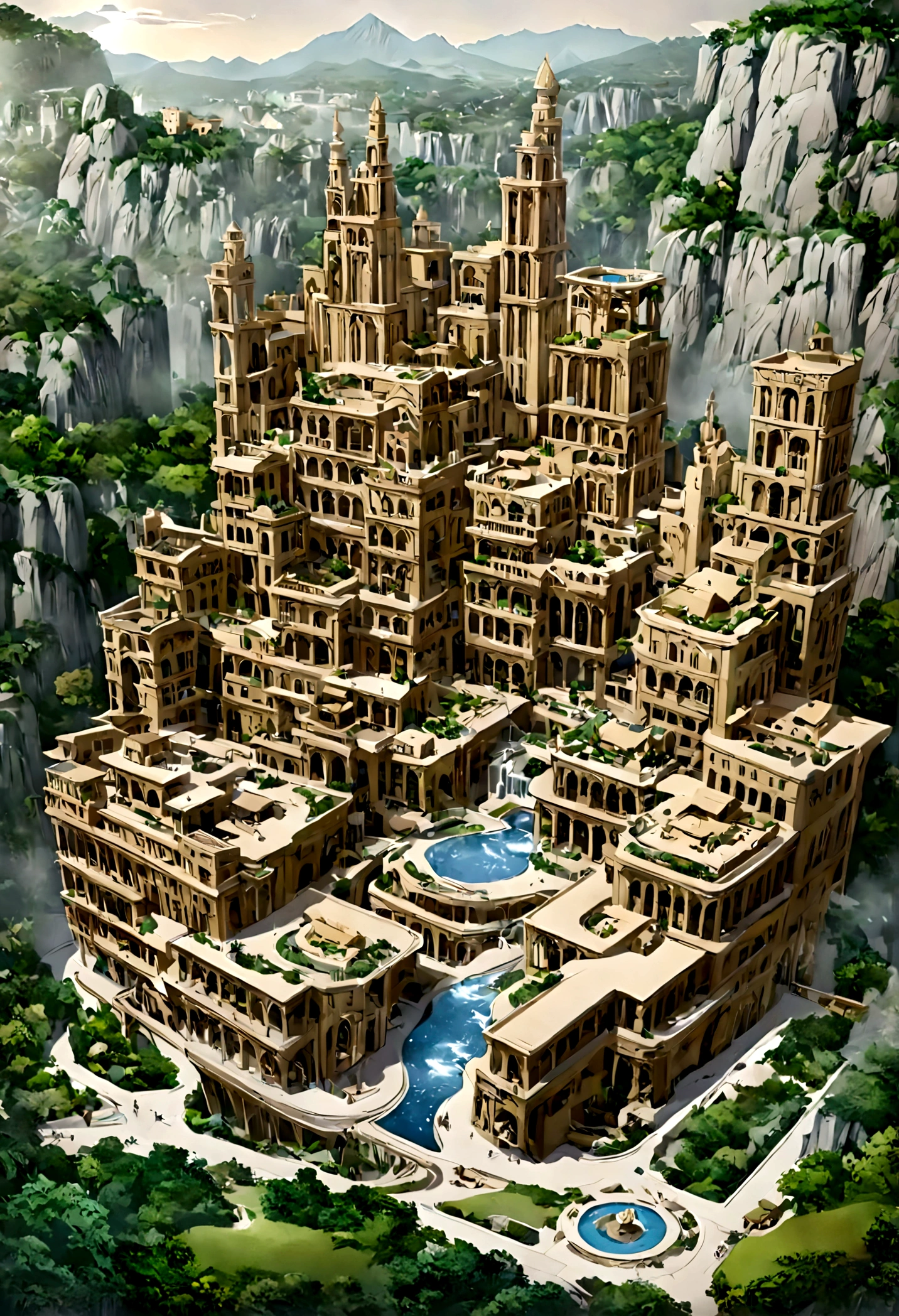 A highly detailed anime-style still art, Ghibli studio style, masterpiece, official art, professional, ((ultra-detailed)), 8k, ((Not show people)), fantastical city carved within a large, rugged mountain. The mountain should appear rough and imposing, with intricate pathways and structures carved into its rocky surface. The city inside should have a unique, surreal design that could not exist in reality. Include elements such as twisting towers, floating platforms, and unusual bridges. The architecture should be imaginative and otherworldly, with buildings featuring intricate details and ornate designs. Surround the city with lush greenery and small waterfalls. Illuminate the scene with a soft, otherworldly light to enhance the sense of wonder and mystery. Add distant, ethereal structures in the background to create depth and a dreamlike atmosphere.