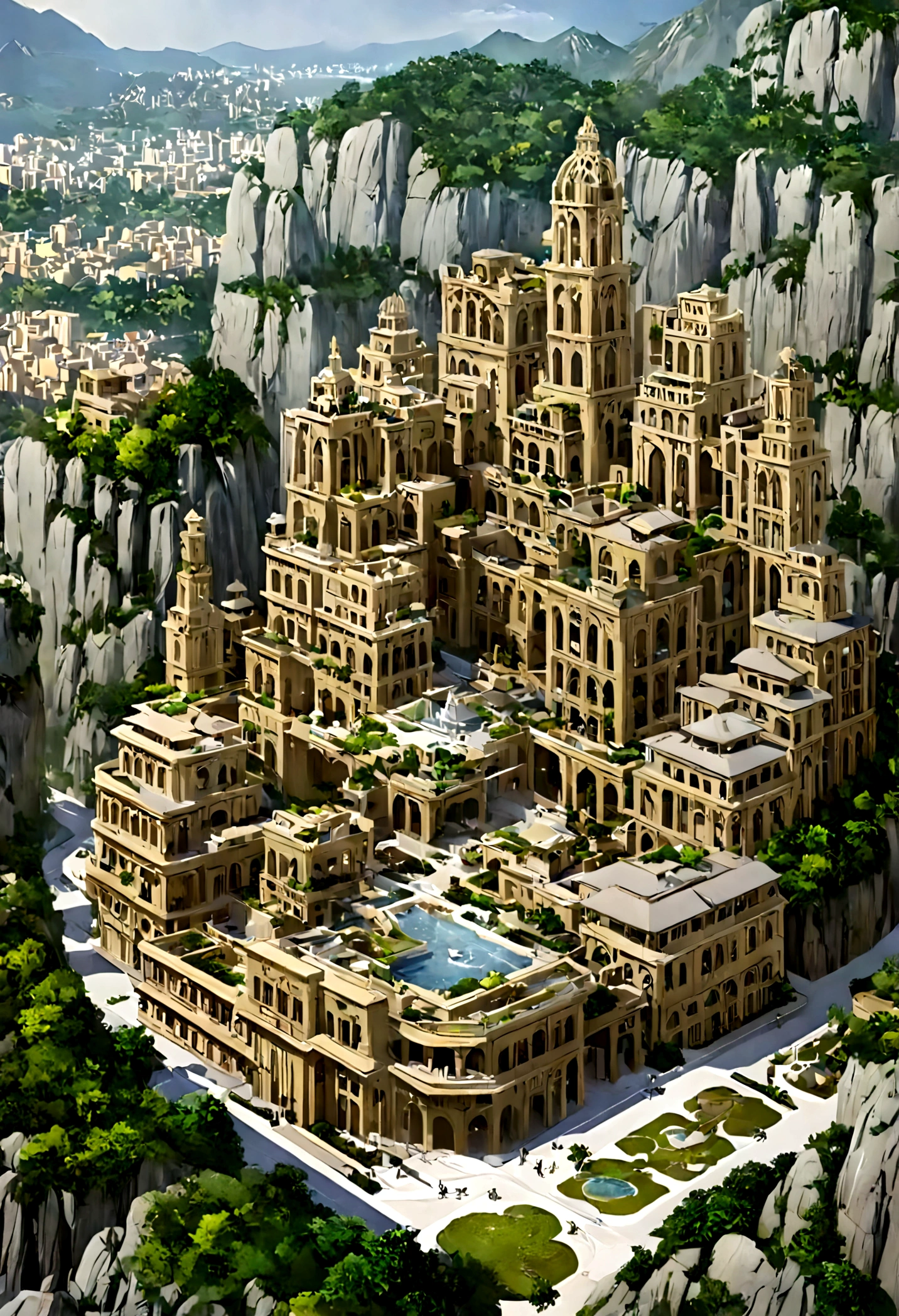 A highly detailed anime-style still art, Ghibli studio style, masterpiece, official art, professional, ((ultra-detailed)), 8k, ((Not show people)), fantastical city carved within a large, rugged mountain. The mountain should appear rough and imposing, with intricate pathways and structures carved into its rocky surface. The city inside should have a unique, surreal design that could not exist in reality. Include elements such as twisting towers, floating platforms, and unusual bridges. The architecture should be imaginative and otherworldly, with buildings featuring intricate details and ornate designs. Surround the city with lush greenery and small waterfalls. Illuminate the scene with a soft, otherworldly light to enhance the sense of wonder and mystery. Add distant, ethereal structures in the background to create depth and a dreamlike atmosphere.