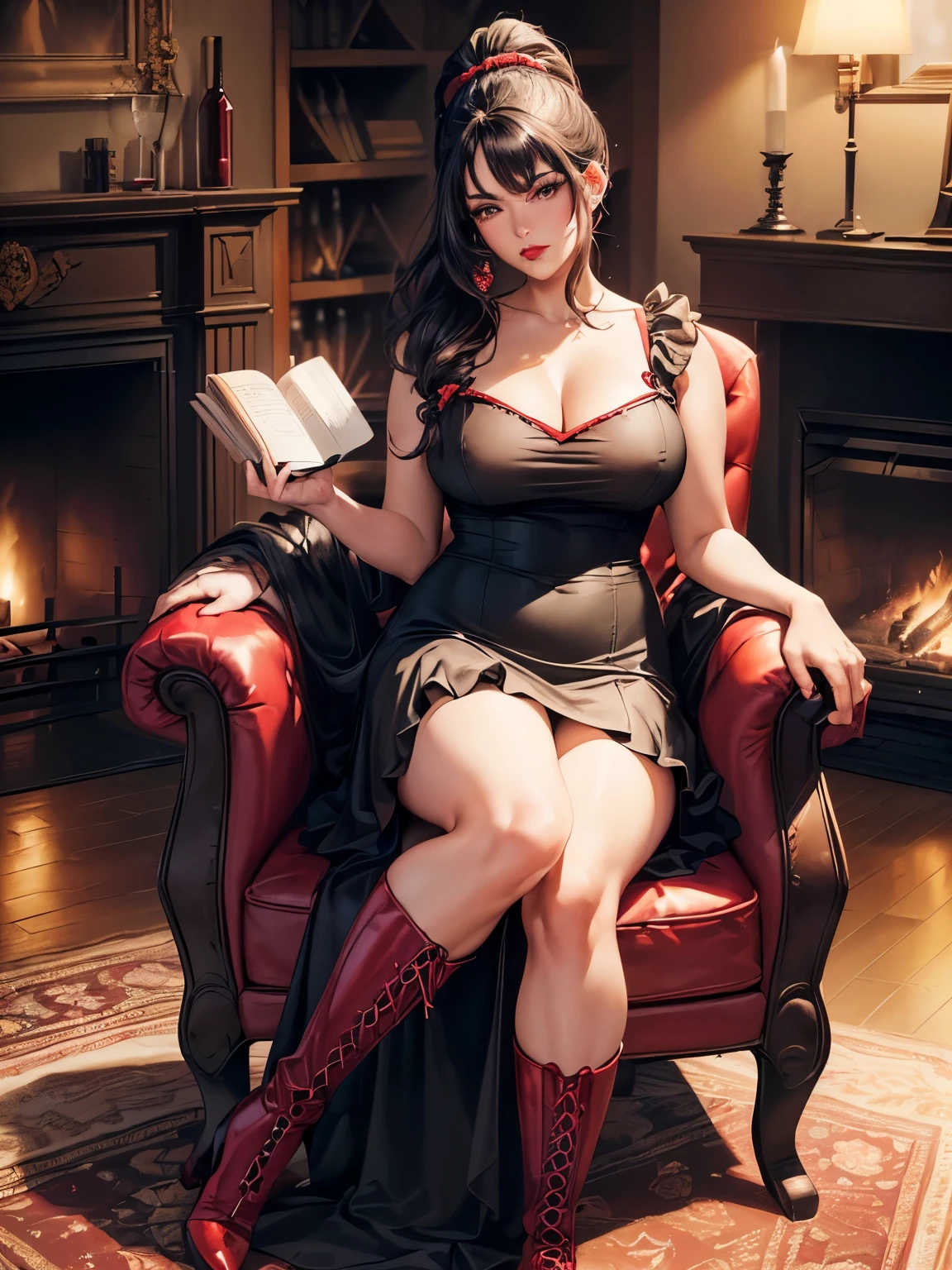 (High-quality image: 4k, 8K, best resolution, masterpiece: 1.1), A plus-size woman ((black hair tied up with a high ponytail, model plus size, shiny castanet eyes, red lips)) is wearing ((a black and red princess gown with a high-waisted petticoat, a tall heeled boot with a pointed toe, holding a book in one hand and a glass of wine in the other)). The setting is ((a cozy and dimly lit room with plush red armchairs and a crackling fireplace in the background)). The woman is seated ((on a plush red armchair with a peaceful expression on her face, legs