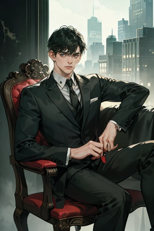 ((One young man with a black suit and tie)), gotham, alejandro, (((side swept dark short hair))), (dark green eyes and thick eyebrows), smirk, ((20 years old)), ((masterpiece)), posture dynamic, ((cinematic lighting)), (height tall around 5 foot 6), sitting on the chair