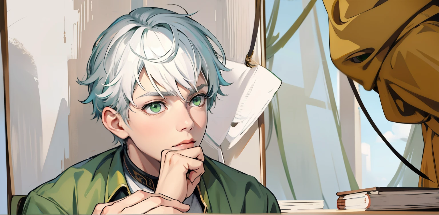 is thinking trying to remember something white hair green eyes is thinking trying to remember something is in doubt with suspicion