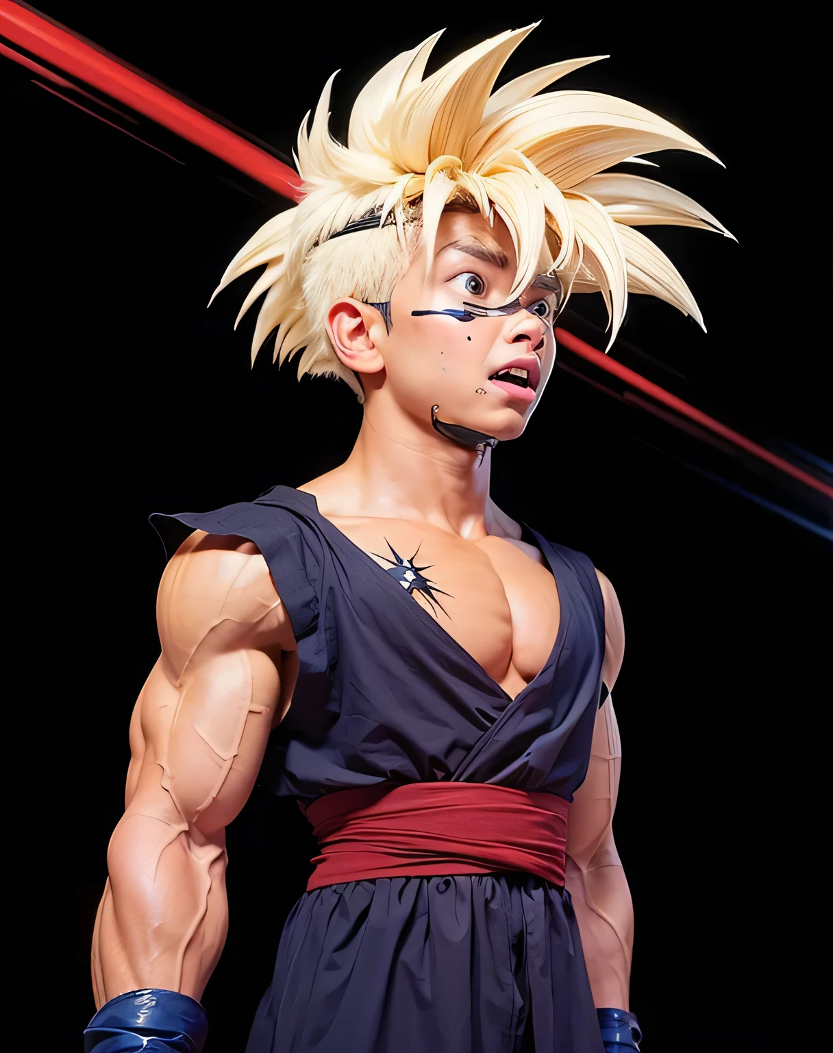 Strong boy with a shocked expression, mouth open, eyes wide, standing in shock, face static
