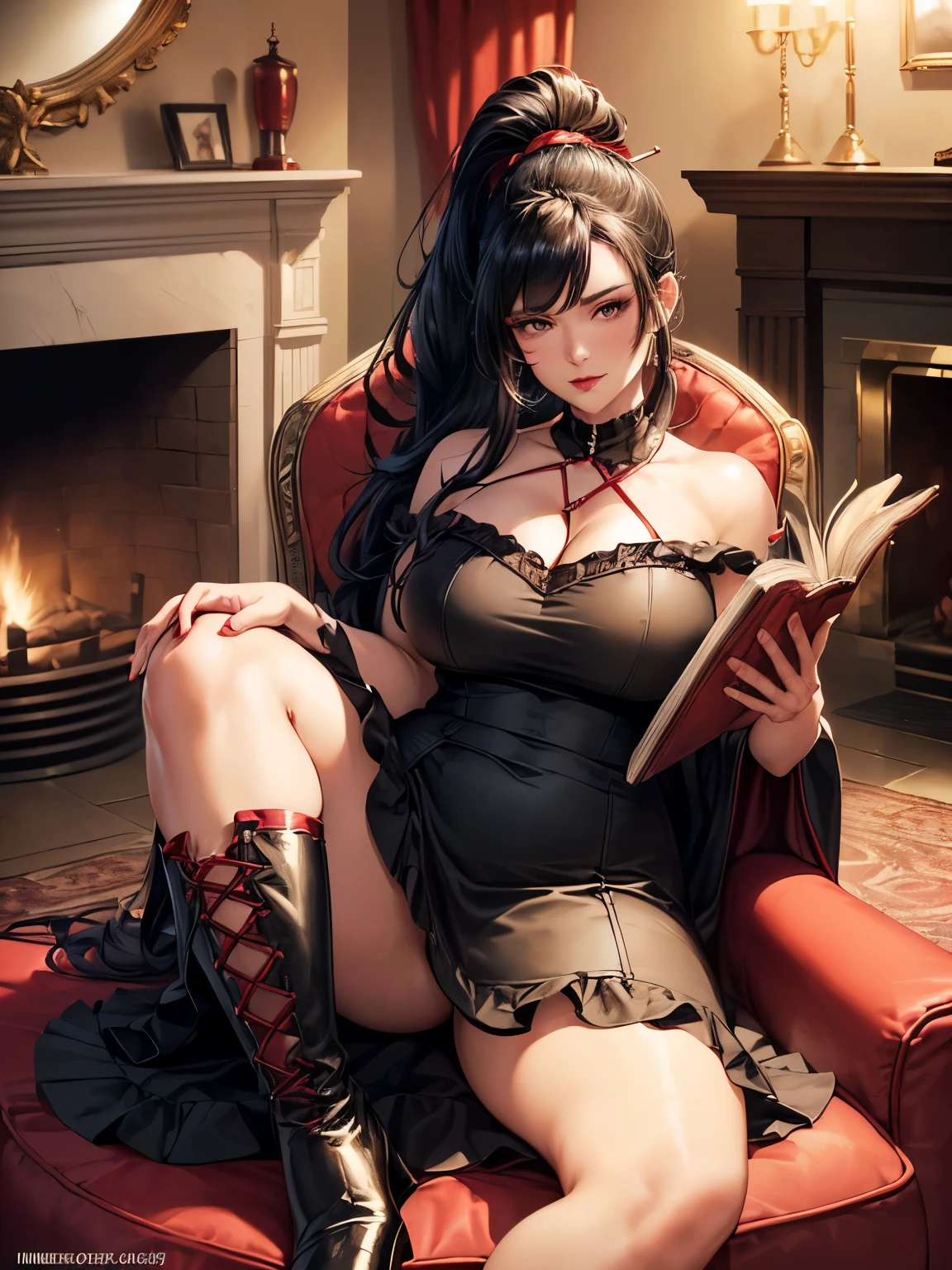 (High-quality image: 4k, 8K, best resolution, masterpiece: 1.1), A plus-size woman ((black hair tied up with a high ponytail, model plus size, shiny castanet eyes, red lips)) is wearing ((a black and red princess gown with a high-waisted petticoat, a tall heeled boot with a pointed toe, holding a book in one hand and a glass of wine in the other)). The setting is ((a cozy and dimly lit room with plush red armchairs and a crackling fireplace in the background)). The woman is seated ((on a plush red armchair with a peaceful expression on her face, legs