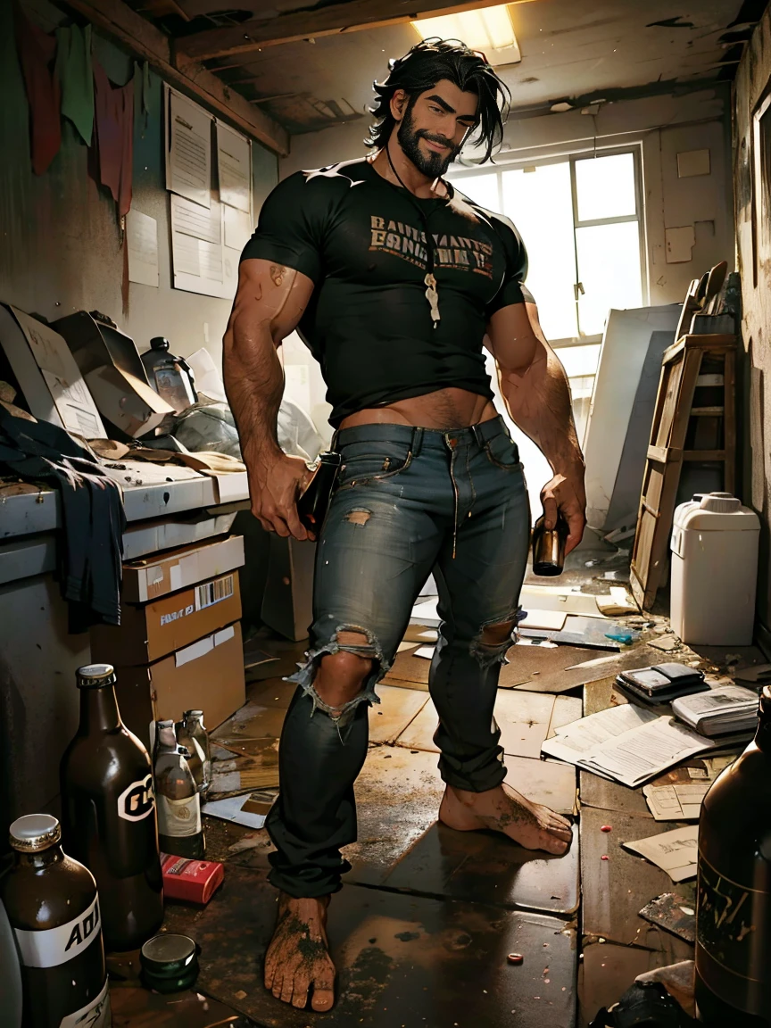 1 homeless man, (white trash) scum, skinny with defined muscles, fair-skinned, dirty, very handsome, with a scruffy beard, messy hair, wearing tattered and torn clothes, chest exposed, living on the street. He is posed sitting and shivering, begging for money. The setting is a dirty street. High-quality image.