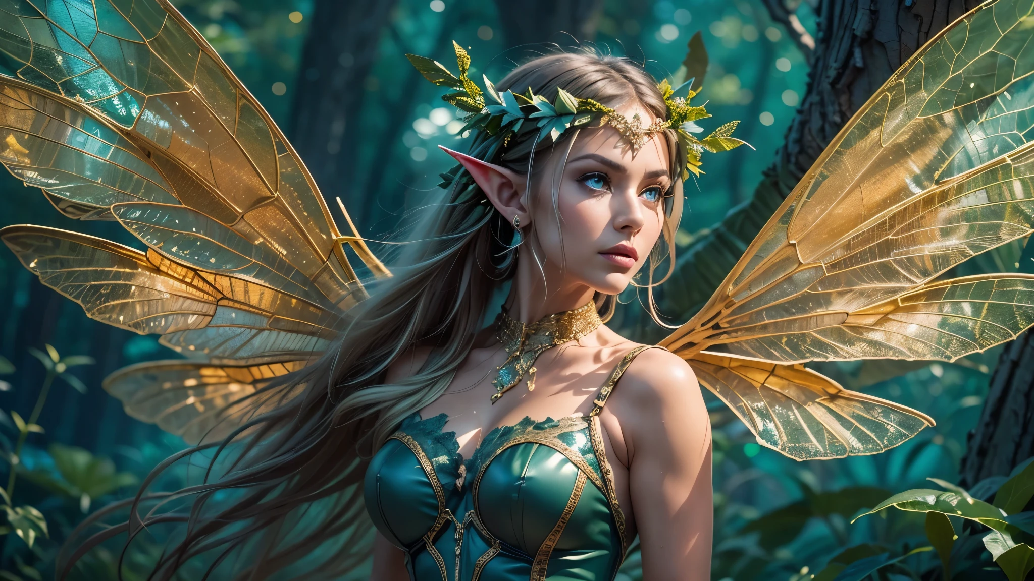 Beautiful faerie woman, elf ear, flying, hovering, floating, centered holographic dragonfly wings, balanced wings, glowing blue eyes, detailed realistic eyes, detailed proportional hand, manicured hands, detailed fingers, proportional fingers, proportional legs, proportional arms, proportional body, firm breast, silk tutu, oak tree forest, frank Frazzetta painting style, (Best Quality:1.4), (Ultra-detailed), (extremely detailed CG unified 8k wallpaper), Highly detailed, RAW Photos, Professional Photography, plein air, Illumination, (Super fancy photos:1.4), (Dazzling light), Radiant Photography, depth of fields,