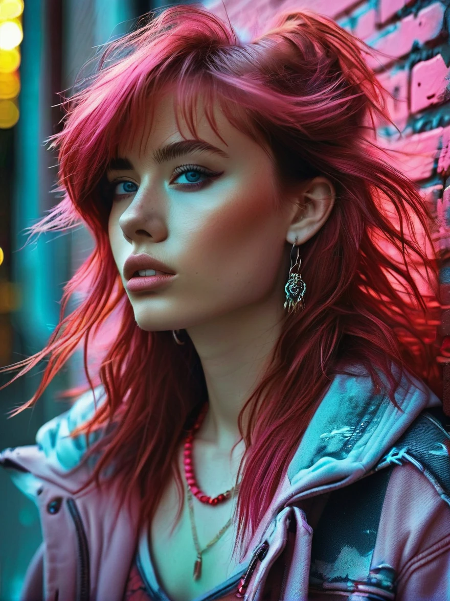 (masterpiece, best quality, 1 girl, Solitary, Intricate details, Chromatic Aberration), Practical, ((Moderate breathing)),long hair, Red hair, Red decoration on head, pink highlights, Amber eyes, earrings, Sharp eyes, necklace, Neon shirt, ripped shorts, Unbuttoned jacket, turtleneck sweater, night, Against the wall, Brick Wall, Graffiti, Dim Lights, alley, Look at the audience