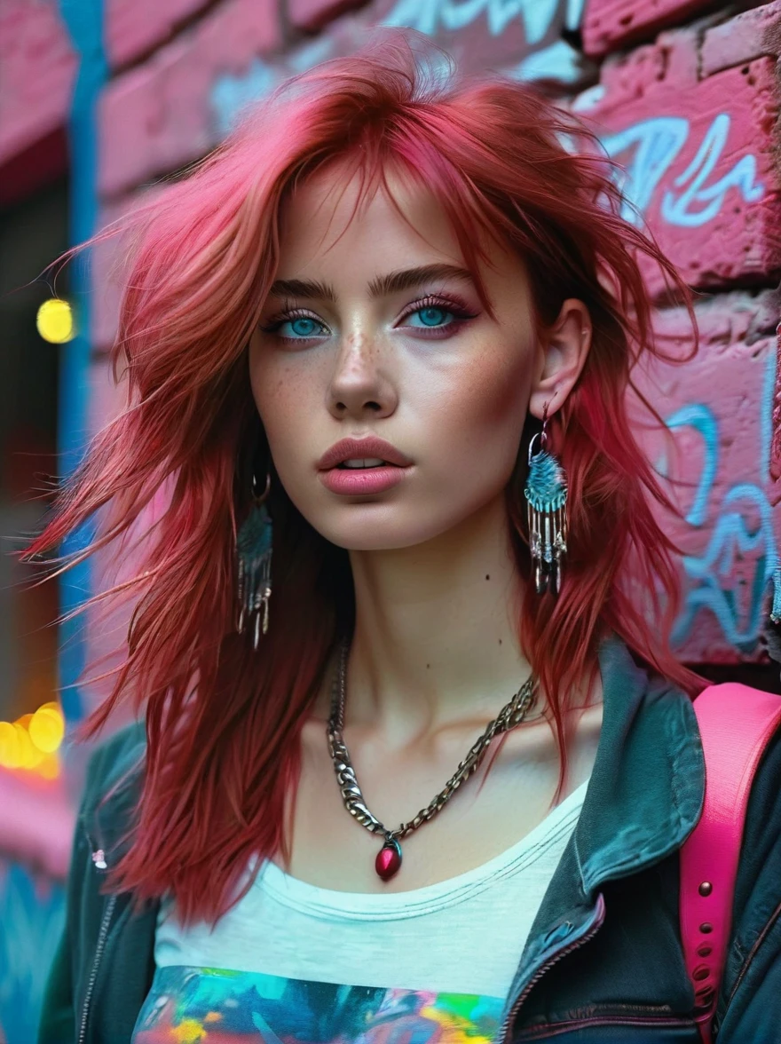 (masterpiece, best quality, 1 girl, Solitary, Intricate details, Chromatic Aberration), Practical, ((Moderate breathing)),long hair, Red hair, Red decoration on head, pink highlights, Amber eyes, earrings, Sharp eyes, necklace, Neon shirt, ripped shorts, Unbuttoned jacket, turtleneck sweater, night, Against the wall, Brick Wall, Graffiti, Dim Lights, alley, Look at the audience