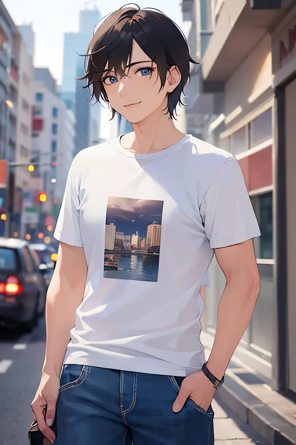 Detailed CG,Ultra-fine illustrations,masterpiece,highest quality,shiny skin,BREAK(28-year-old male:1.5)and(Black Short Hair)and(blue eyes)BREAK,(White T-shirt:1.5)and(jeans),(light smile:1.5),The background is the city,alone,side angle