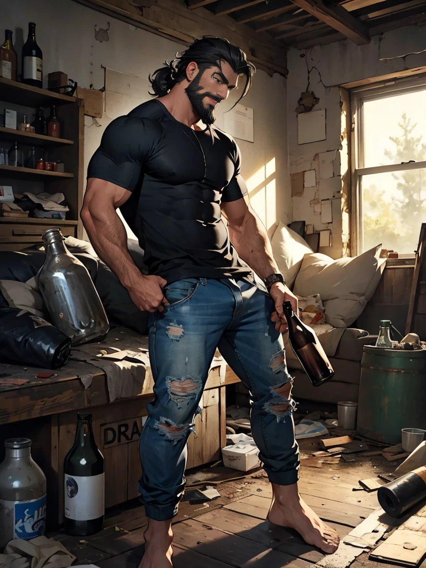 (male) (spider-punk) (poor) (dirty clothes) (bare chest) (stinks) (unzipped cargo pants) (45 years old) (at dumpster) (starving) (muscular) (piss in pants, visible) (leather jacket) ((poor)) ((lives in dumpster)) ((starving as hell)) (((survives as hobo)))
