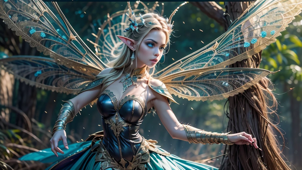 Beautiful faerie woman, elf ear, flying, hovering, floating, centered holographic dragonfly wings, balanced wings, glowing blue eyes, detailed realistic eyes, detailed proportional hand, manicured hands, detailed fingers, proportional fingers, proportional legs, proportional arms, proportional body, firm breast, silk tutu, magic glitter, oak tree forest, frank Frazzetta painting style, (Best Quality:1.4), (Ultra-detailed), (extremely detailed CG unified 8k wallpaper), Highly detailed, RAW Photos, Professional Photography, plein air, Illumination, (Super fancy photos:1.4), (Dazzling light), Radiant Photography, depth of fields,