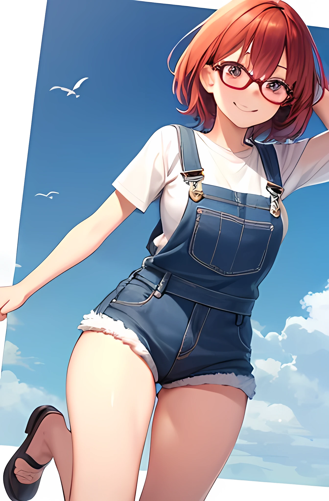 1 girl, short red hair, glasses, freckles, overalls, smiling,