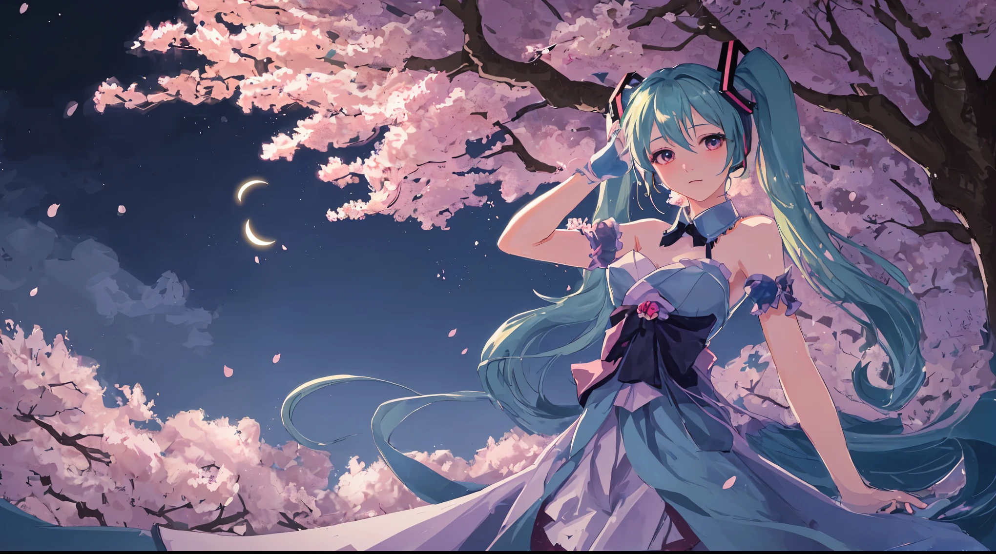 An enchanting illustration of Hatsune Miku, dressed in a sophisticated and elegant adult outfit, posing under a canopy of cherry blossoms at night. The background showcases a serene sky, with a crescent moon and a few stars glowing in the distance. Miku's hair cascades down her back, and her eyes sparkle with an otherworldly aura. The cherry blossoms are in full bloom, creating a picturesque scene that captures the essence of Japanese culture., anime