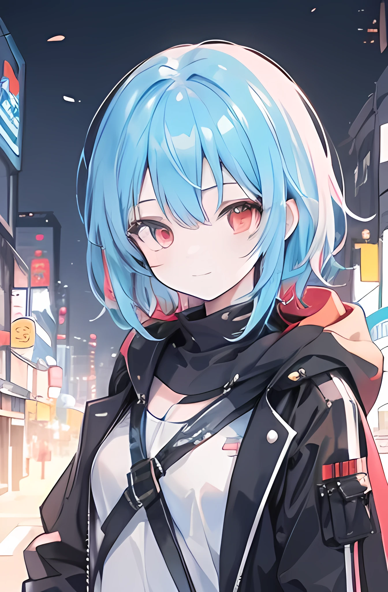 1girl, anime_coloring, yellow+red_eyes, blue_hair,multicolored eyes+heterochromia, _short_hair, smile, solo, style_parody wearing_cyberpunk_clothes,'giving dramatic scenery.