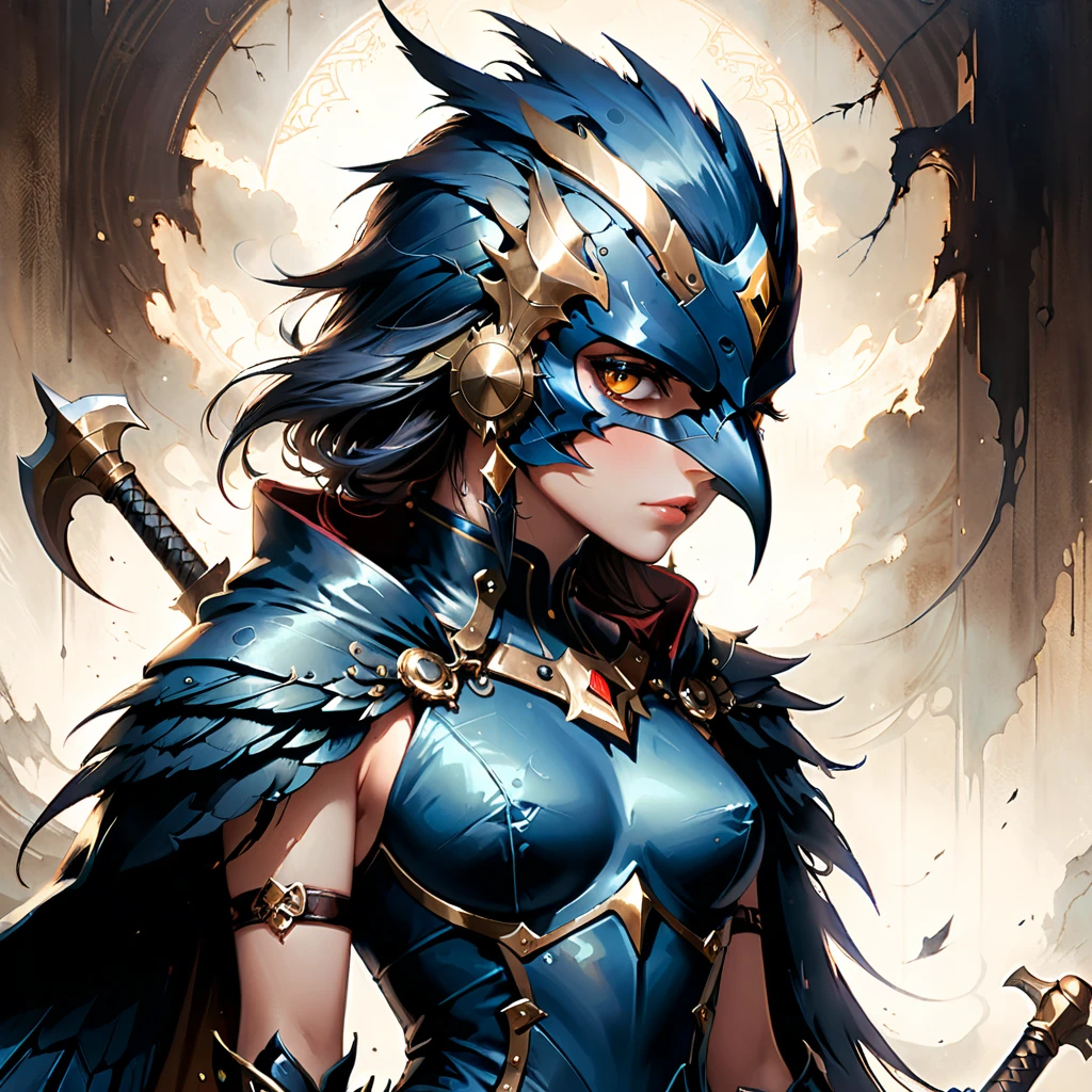 A mesmerizing dark fantasy illustration that combines 3D rendering and portrait photography, featuring a captivating mythical bird-warrior fusion creature. Inspired by 1950s Rockabilly style and anime, this enigmatic being resembles a raven, standing tall with intricate armor, a spiked shoulder pad, and a hooded cloak. The creature's piercing eyes and menacing battle axe emit an aura of mystery and dominance. Its tilted head and direct gaze hold the viewer's attention, exuding a mix of confidence and mischief. The detailed face is rendered in deep blue and brown pencil on sanded vintage patina paper, drawing influence from the artistic styles of Rolf Armstrong, Frank Frazetta, Jeremy Mann, and Carne Griffiths. The background is a blend of 3D rendering and atmospheric, painting, illustration, 3d render, dark fantasy