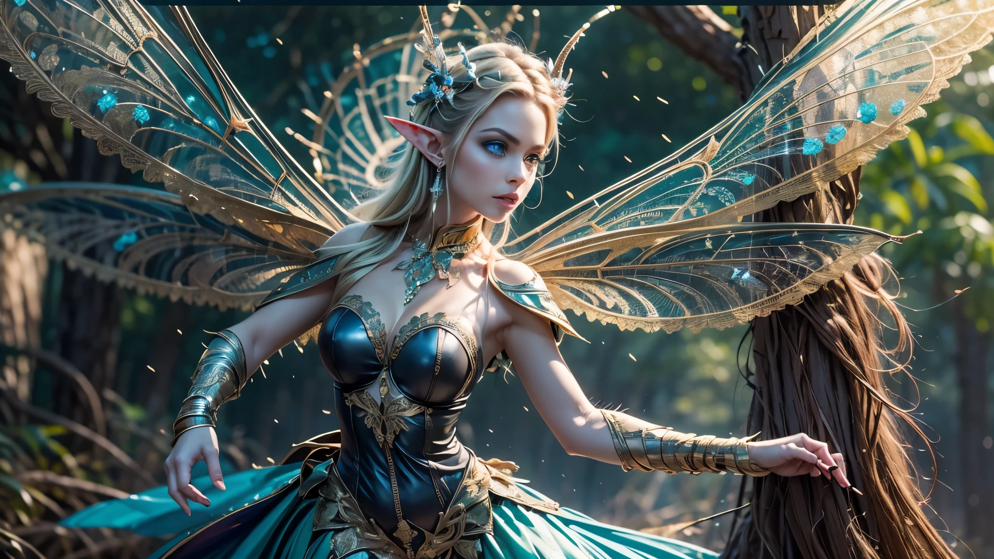 Beautiful faerie woman, elf ears, flying, hovering, floating, centered holographic dragonfly wings, balanced wings, glowing blue eyes, detailed realistic eyes, detailed proportional hand, manicured hands, four fingers on each hand, one thumb on each hand, detailed fingers, proportional fingers, painted fingernails, proportional legs, proportional arms, proportional body, firm breast, silk tutu, ballet pose, magic glitter, oak tree forest, frank Frazzetta painting style, (Best Quality:1.4), (Ultra-detailed), (extremely detailed CG unified 8k wallpaper), Highly detailed, RAW Photos, Professional Photography, plein air, Illumination, (Super fancy photos:1.4), (Dazzling light), Radiant Photography, depth of fields,