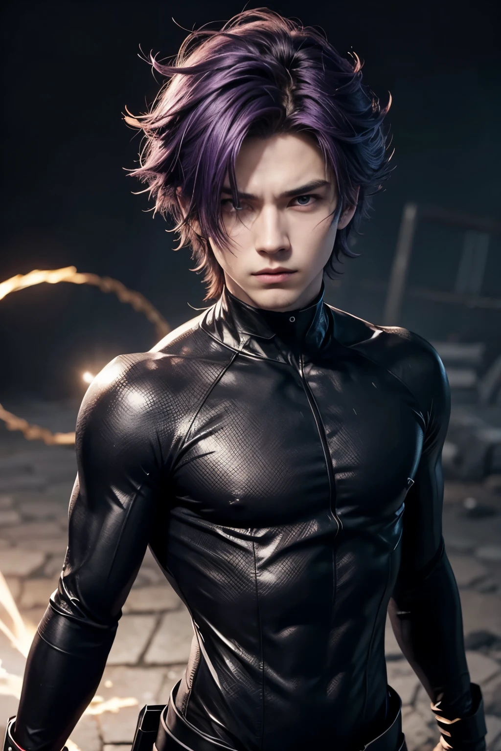 Imagem estilo anime de um garoto que tem cabelo roxo e olhos roxos, with a hero outfit that can create energy whips