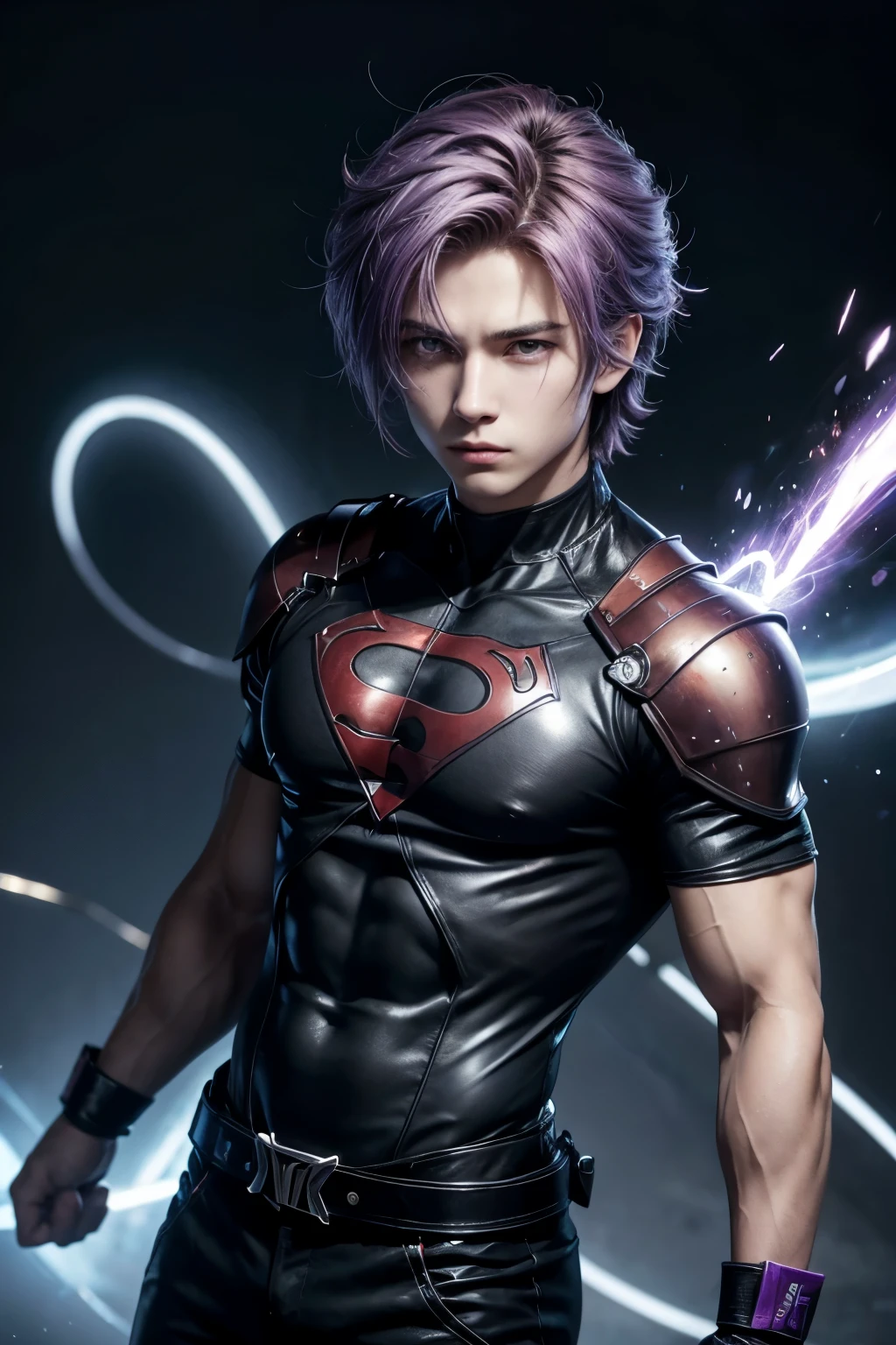 Imagem estilo anime de um garoto que tem cabelo roxo e olhos roxos, with a hero outfit that can create energy whips