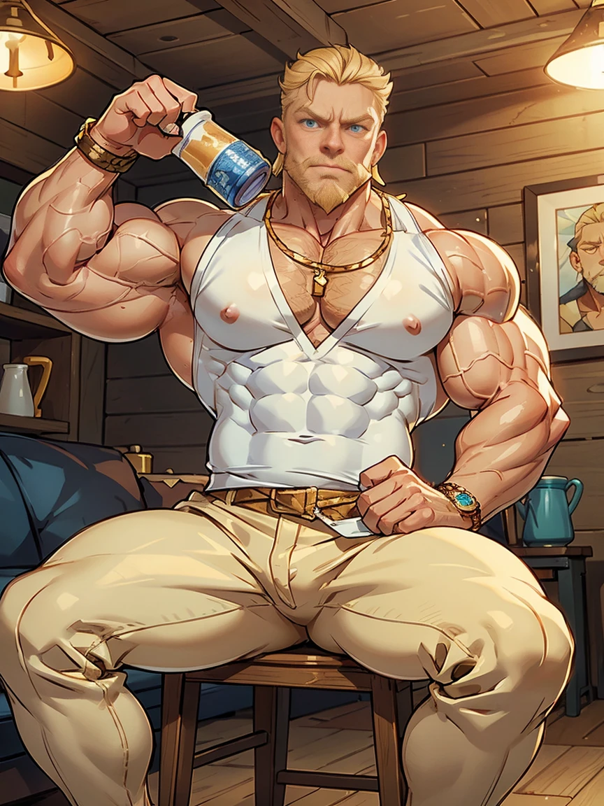 Middle-aged man (Russian), fair skin, blond hair (slicked back), full lips, blue eyes (detailed), blond beard, masculine face, grumpy expression, muscular body (muscle: 2.0), robust, huge hairy chest, muscular thighs. He is in a living room of a cabin, holding a beer mug, wearing a white blouse, a gold chain around his neck, tribal attire on his arms, a gold watch on his wrist, beige dress pants, and brown shoes.