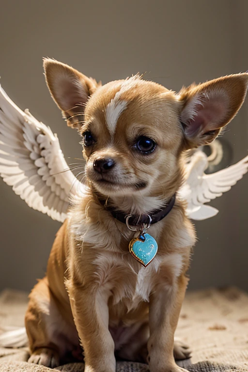 "Creates a highly realistic image of a 6-month-old deer-headed Chihuahua depicted as an angel. El Chihuahua debe conservar sus rasgos caninos, incluida la forma de su cabeza y sus orejas, but with the addition of highly detailed angel wings emerging from his back. Las alas deben tener plumas intrincadas. The background should depict a serene celestial environment with soft, fluffy clouds and soft, warm lighting. The Chihuahua's expression should convey peace and tranquility, con un halo suave y brillante sobre su cabeza. Make sure he retains his distinctive canine features throughout the image."