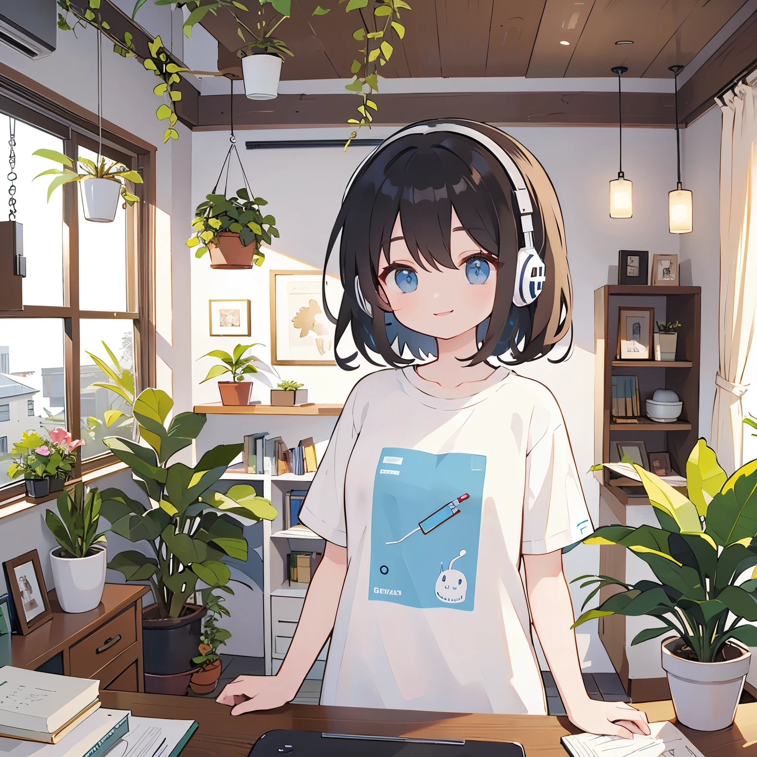 Medium hair woman、shirt、smile、headphone、Room with houseplants