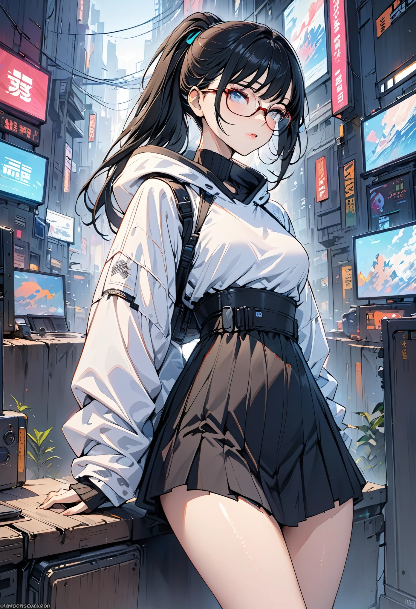 (masterpiece, best quality), 1 Girl, Black Hair, Glasses, Cyberpunk, Solitary, Waist-high, Sexy appearance