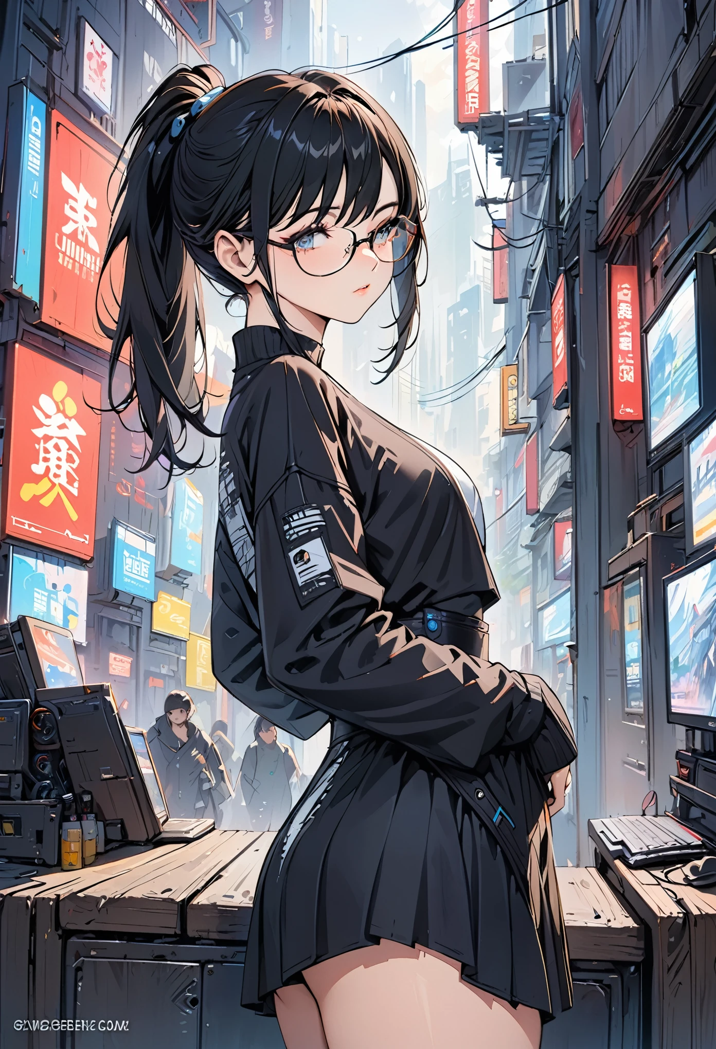 (masterpiece, best quality), 1 Girl, Black Hair, Glasses, Cyberpunk, Solitary, Waist-high, Sexy appearance