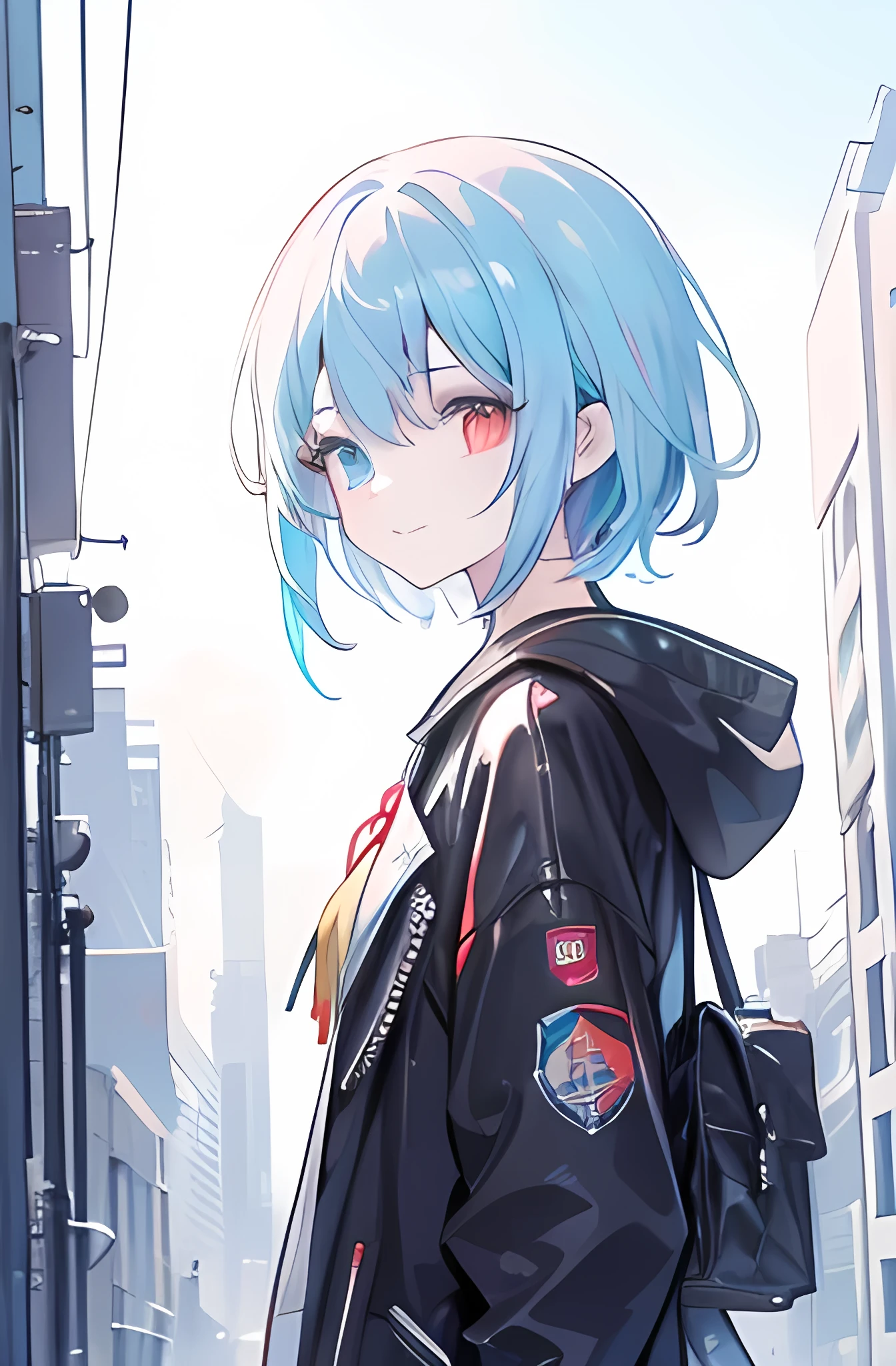 1girl, anime_coloring, yellow+red_eyes, blue_hair,multicolored eyes+heterochromia, _short_hair, smile, solo, style_parody wearing_cyberpunk_clothes,'city scenery with (robots around)0.4],giving dramatic scenery.