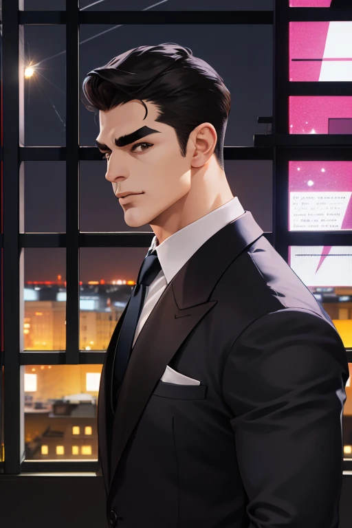 (absurdres, highres, ultra detailed), (1 male, solo, adult, mature:1.4, aged up:1.4, old age, tall muscular guy, broad shoulders, handsome), very short hair, black hair, pomade, brown eyes, (angular jaw:1.4, thick neck:1.4, thick eyebrows:1.4), BREAK, night, dark, the night view of the city through a large window, formal suit, necktie, BREAK, upper body,