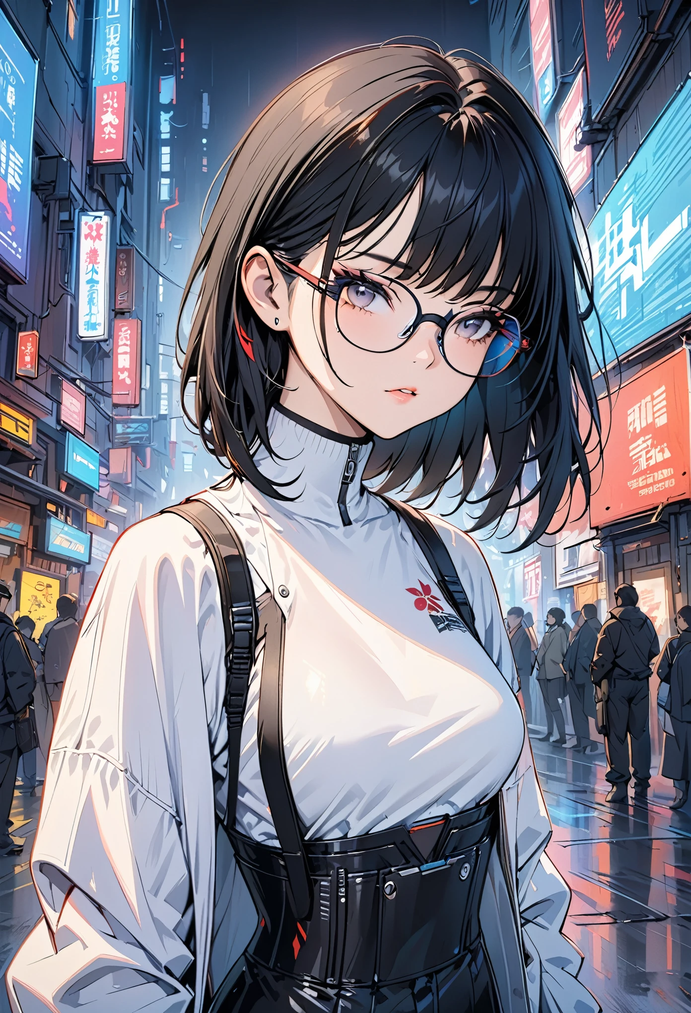 (masterpiece, best quality), 1 Girl, Black Hair, Glasses, Cyberpunk, Solitary, Waist-high, Sexy appearance