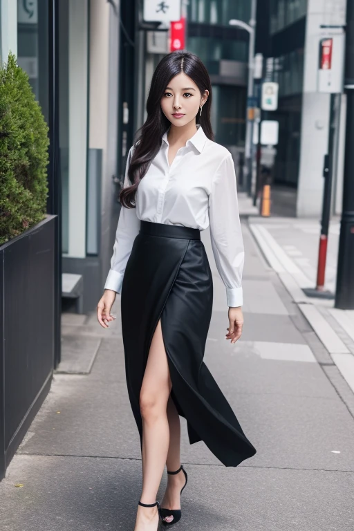 photography of one Japanese woman, beautiful business woman, walking, 28 years old, (black long tight skirt), (her skirt has long slit:1.4)