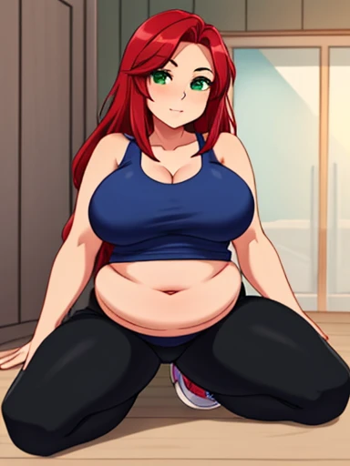 (masterpiece, highest quality:1.2), solo, 1girl, 45-year-old, mature female, milf, milf-figure, pale, long red hair, (green eyes:1.2), (Wearing: blue tank-top, black leggings, sneakers:1.2), ,expressionless, sexy, very beautiful face, curvy, chubby, fat rolls, belly rolls, soft, blue tank-top, leggings, muffin top, big deep navel, tight out, love handles, wide hips, curvy, thunder thighs,