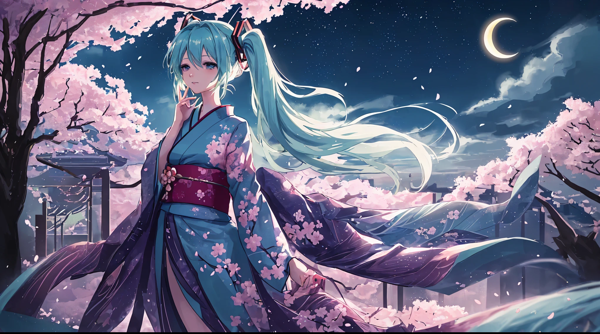 A captivating portrait of Hatsune Miku, appearing as a beautiful and mature anime character, standing in a serene night scene with cherry blossoms surrounding her. She is wearing a stunning kimono adorned with cherry blossoms and intricate patterns. The background shows a sky filled with twinkling stars, a crescent moon, and a cityscape with colorful lights. The overall atmosphere of the image is romantic and enchanting, evoking a sense of tranquility., anime
