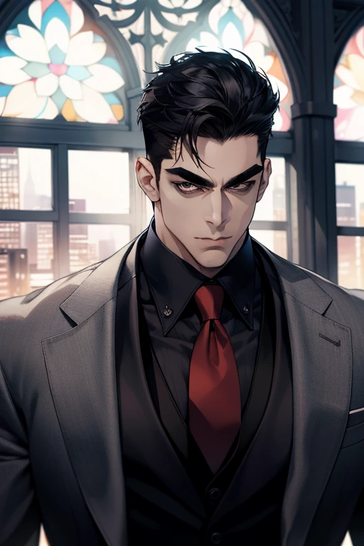 (absurdres, highres, ultra detailed), (1 male, solo, adult, mature:1.4, aged up:1.4, old age, tall muscular guy, broad shoulders, handsome), very short hair, black hair, pomade, brown eyes, (angular jaw:1.4, thick neck:1.4, thick eyebrows:1.4), BREAK, night, dark, the night view of the city through a large window, formal suit, necktie, BREAK, upper body,