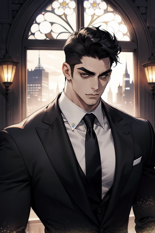 (absurdres, highres, ultra detailed), (1 male, solo, adult, mature:1.4, aged up:1.4, old age, tall muscular guy, broad shoulders, handsome), very short hair, black hair, pomade, brown eyes, (angular jaw:1.4, thick neck:1.4, thick eyebrows:1.4), BREAK, night, dark, the night view of the city through a large window, formal suit, necktie, BREAK, upper body,
