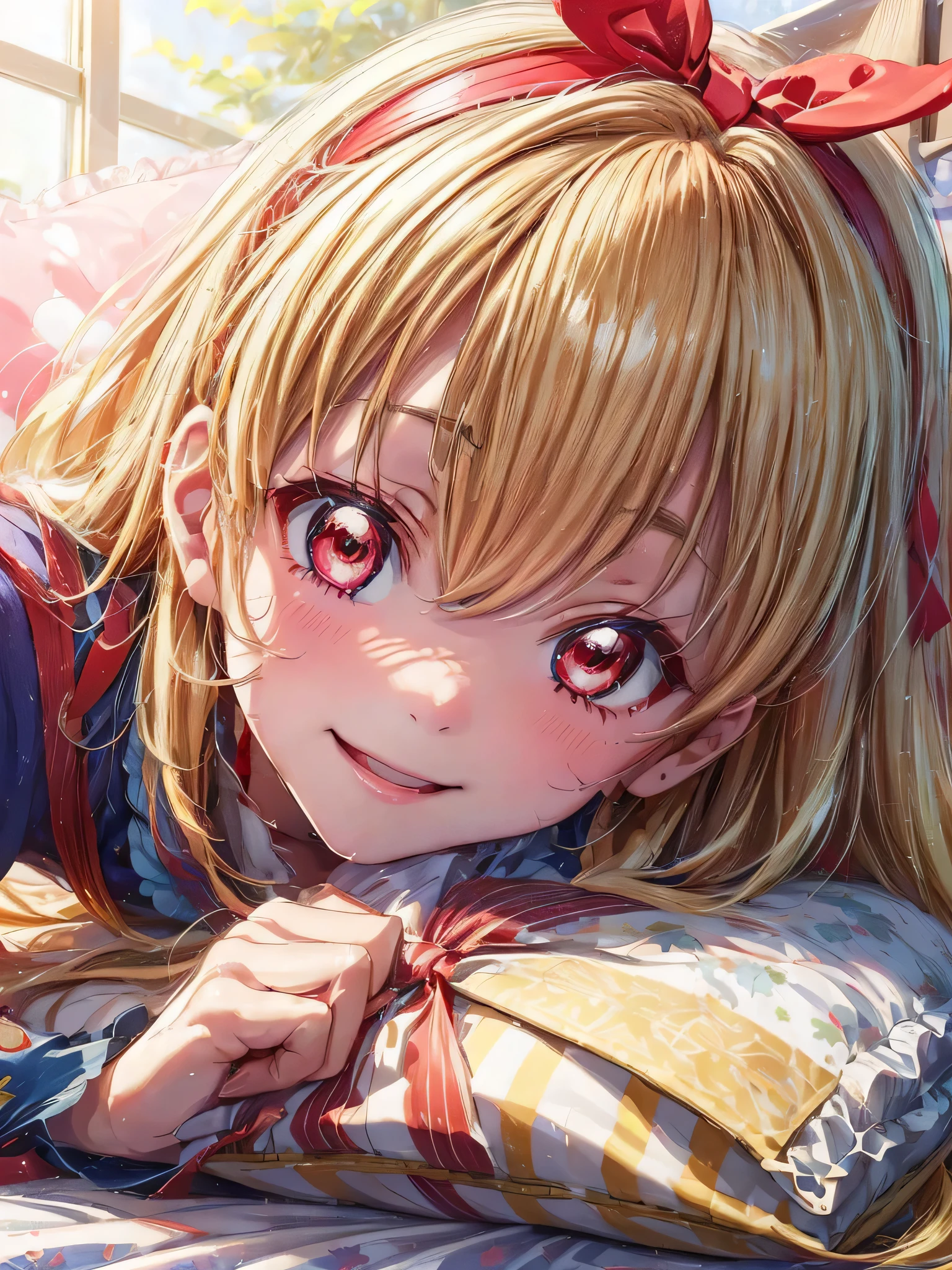 (RED Ribbon on HAIRband:1.2),a cute girls lying down on a blanket with big eyes and long hair, aoki reika, 1girl, Blonde hair, RED eyes, solo, shiny hair, long hair, smile, shiny, looking at viewer, pillow, lying, bangs, blush, hair ornament, closed mouth,Ichigo Hoshimiya (Aikatsu!),