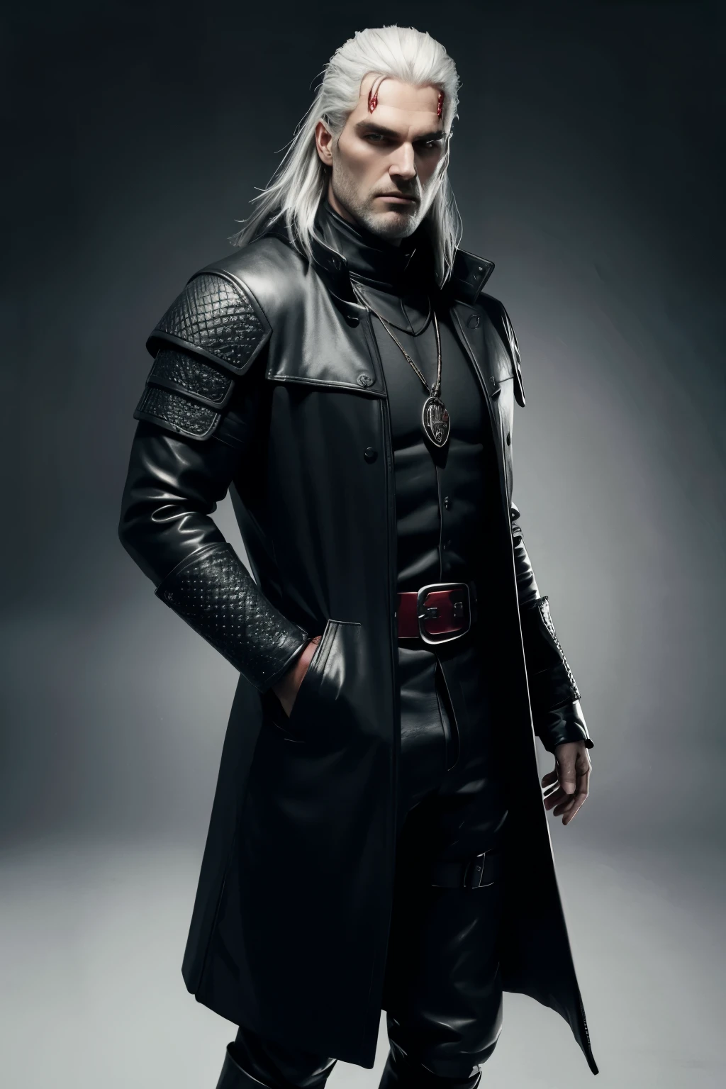geralt hair in black overcoat and with red amulet