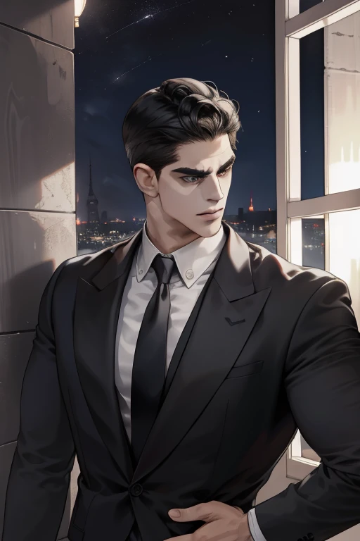 (absurdres, highres, ultra detailed), (1 male, solo, adult, mature:1.4, aged up:1.4, old age, tall muscular guy, broad shoulders, handsome), very short hair, black hair, pomade, brown eyes, (angular jaw:1.4, thick neck:1.4, thick eyebrows:1.4), BREAK, night, dark, the night view of the city through a large window, formal suit, necktie, BREAK, upper body,