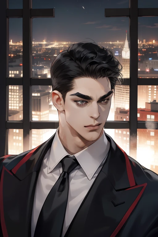 (absurdres, highres, ultra detailed), (1 male, solo, adult, mature:1.4, aged up:1.4, old age, tall muscular guy, broad shoulders, handsome), very short hair, black hair, pomade, brown eyes, (angular jaw:1.4, thick neck:1.4, thick eyebrows:1.4), BREAK, night, dark, the night view of the city through a large window, formal suit, necktie, BREAK, upper body,