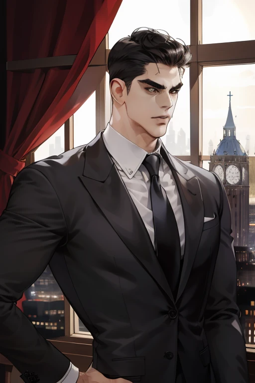 (absurdres, highres, ultra detailed), (1 male, solo, adult, mature:1.4, aged up:1.4, old age, tall muscular guy, broad shoulders, handsome), very short hair, black hair, pomade, brown eyes, (angular jaw:1.4, thick neck:1.4, thick eyebrows:1.4), BREAK, night, dark, the night view of the city through a large window, formal suit, necktie, BREAK, upper body,