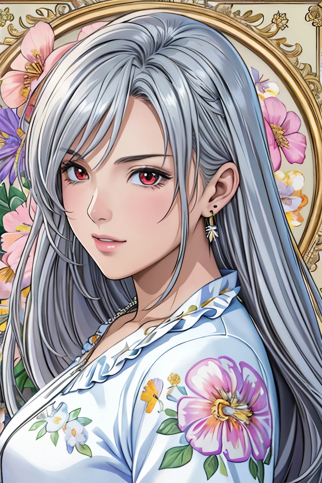 (masterpiece, top-quality, top-quality, Official art, Beautifully Aesthetic:1.2), red eyes, (highest quality, masterpiece painting:1.3), immature woman, 16 years old, (half body shot), masterpiece, ultra high resolution, (((Flower frame, A lot of flowers in the frame, round frame, A beautiful girl fits into the frame))), Decorative panel, abstract art, (shot from a side angle), (Photoreal:1.0), ((light silver hair)),straight hair, beautiful shining hair, white and shining skin, Painterly, sketch, Texture, 超A high resolution, solo, Beautuful Women, A highly detailed, (Fractal Art:1.1), (colourfull:1.1), (florals:1.6), The most detailed, (Zentangle:1.2), (Dynamic Poses), (Abstract background:1.3), (shinny skin), (Many colors:0.8), (earrings:1.4), (pluma:0.9), Taisho romance